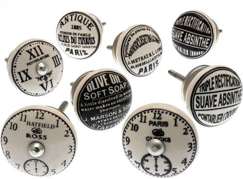 Mango Tree - Lot de 8 boutons de placard en céramique style vintage noir et blanc (MG-314)