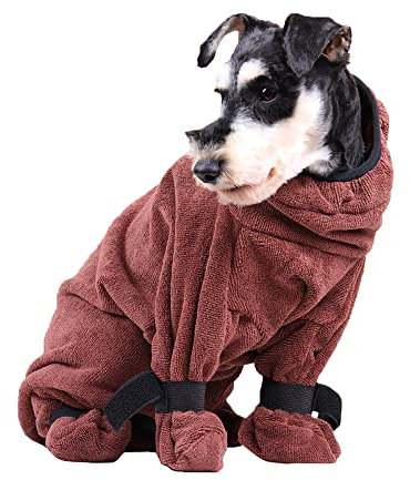 ACSUZ Hundebademang Mit Beinen Super Absorbierende Voll Bedeckte Haustier Bademantel Reißverschluss Rücken Schnell Trocknende Badezubehör,Braun,L