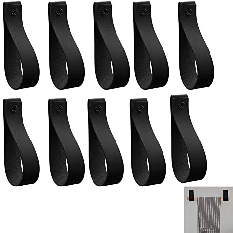 10 Pcs Leather Curtain Rod Holder, PU Leather Wall Hooks Loop, Leather Straps for Hanging Bracket for DIY Home Storage Hook Scarf Towel Holder Boat Paddle Holder Wall Boho Pole Wrap Hangers (Black 10)