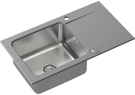 QUADRON fregadero gris | tamaño 78 x 44 cm | EDWARD fregadero de acero inoxidable de un seno con cubeta de acero | fregadero de granito con sifón manual y tapón de rosca | con escurridor