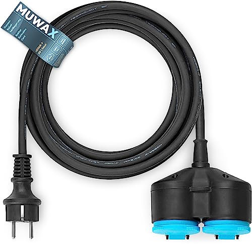 MUWAX Gummi-Verlängerungskabel 25m mit 2-Fach Verteiler für Heimwerker, Garten, Haushalt, für temporäre Einsätze im Außenbereich und mittlere mechanische Beanspruchung H05RR-F 3G1,5mm² schwarz
