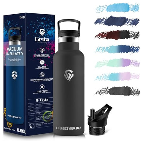 Grsta Trinkflasche, Trinkflasche Edelstahl 500ML, Trinkflasche kinder, Thermosflasche BPA-frei, Trinkflasche Sport, Vakuumisolierte, Wasserflasche für Schule, Gym, Büro