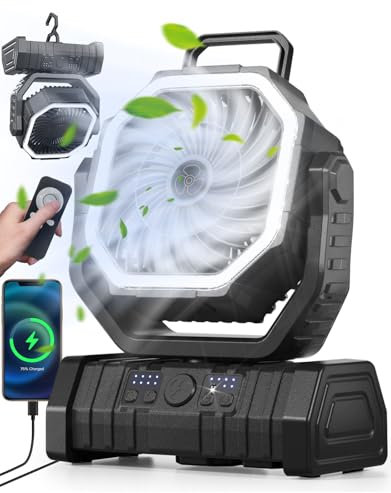 Richday Bateria Portatil Ventilador 20000mAh Recargable Camping Ventiladores with USB LED Luz, Silencioso Fan para Tienda Viaje Campamento Escritorio Coche Casa Trabajo