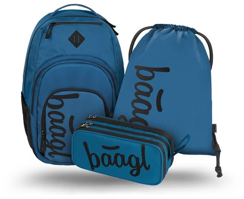 Baagl Schulrucksack Set 3 Teilig, Ergonomischer Großer Rucksack mit Kühlfach für Jungen Mädchen Teenager, Grundschule Ranzen mit Brustgurt und Laptopfach, Daypack 35 l (Ocean Blue)