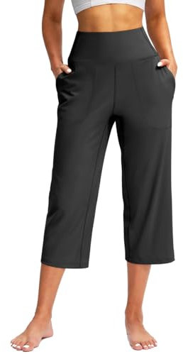 Angxiwan Yoga Capri Pants for Women Stretch High Waist Cropped Trousers with Pockets Summer Elastic Straight Leg Three Quarter Length Trousers Ladies Lounge Pants