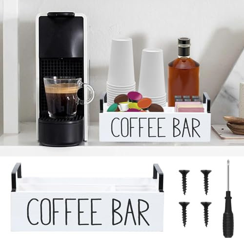 PandaHug Coffee Bar Organiser Tea Bar 4 Compartments Cafes Accessories Organizer with 2 Handles Wood Coffee Pods Holder Storage Basket Versatile Cup Organizer Station for Countertop Cafes Decor