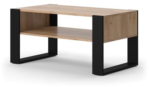 Vicco Couchtisch Olli, Goldkraft Eiche/Schwarz, 92 x 52,4 cm mit Ablage