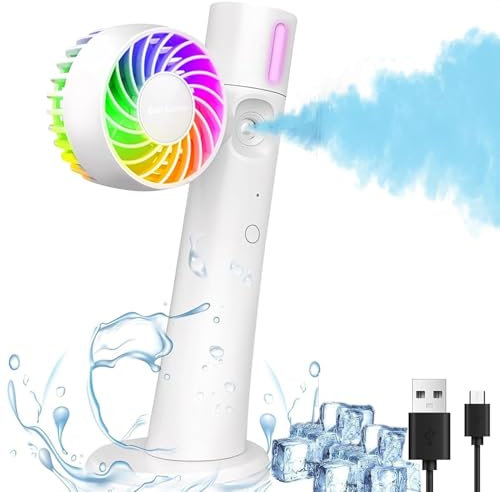 Ventilador pulverizador de mano | Ventilador Con Rociador De Agua Nebulizada | Ventilador portátil de 1200 mAh | Ventilador recargable con 2 modos de velocidad | Ventilador personal con luz LED | Rota