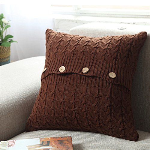 Nvzi Cotton Cable Knit Pillow Cover Soft Warm Throw Pillow Case Cushion Cover Decorative Pillow Cover with Buttons (Dark Coffee, 18x18 inches)