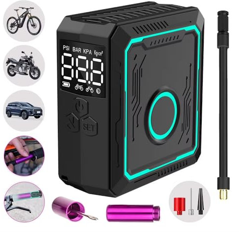 Compressore Aria Portatile Automatico, Mini Compressore Portatile, Pompa Elettrica Per Bicicletta, USB/LED,150PSI Batteria Ricaricabile Per Auto, Bici, Moto, Palla, Kit Riparazione Incluso.