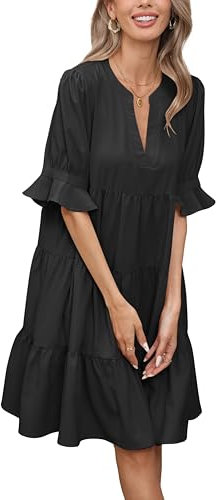 Famulily Knee Length Dresses for Women Loose Half Sleeve Dress Tiered Ruffle Swing A Line Short Sundresses Black XL