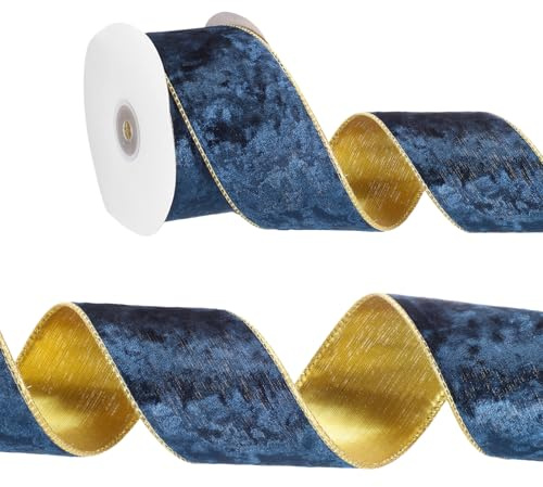 PATIKIL 2.5 Pulgadas X 10 Yardas Cinta De Terciopelo Con Alambre, Cintas De Terciopelo Dorado Arrugado Cara Simple Para Envolver, Hacer Lazos, Coronas, De Árbol De Navidad, Azul Marino | Con Alambre, Cintas De Terciopelo Dorado Arrugado Cara Simple, Para Envolver Hacer Lazos Coronas De árbol De Navidad