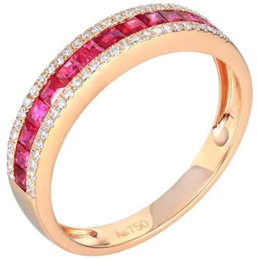 Anelli Donna Oro 18K Vero, Anello Eternity Rosso 0.68 Carati Ruby Creato In Laboratorio Fila Di Perforazione Oro Rosa 750 con Moissanite Misura 18,5