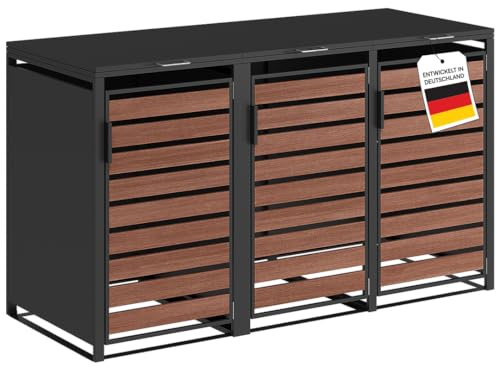 STEELSØN Kestra Mülltonnenbox 3er bis 240L, Graphitschwarz, Nussbaumoptik | Mülltonnenverkleidung aus Stahl mit Sichtstreifen, hochwertiger Müllcontainer für 3 Tonnen, Müllbox, Gerätebox, wetterfest