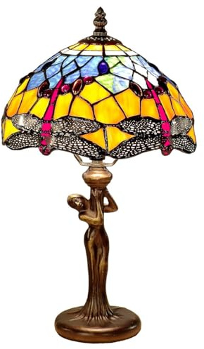 Tiffany-Stil Lampe|Tischlampe Buntglas 'Orange Dragonfly Girl' ca. 25x39cm | Tiffanylampe-Reproduktion aus echtem Tiffanyglas|Buntglaslampe Dragonfly-Motiv|Wohnzimmer-Schreibtisch-Nachttisch-Büro