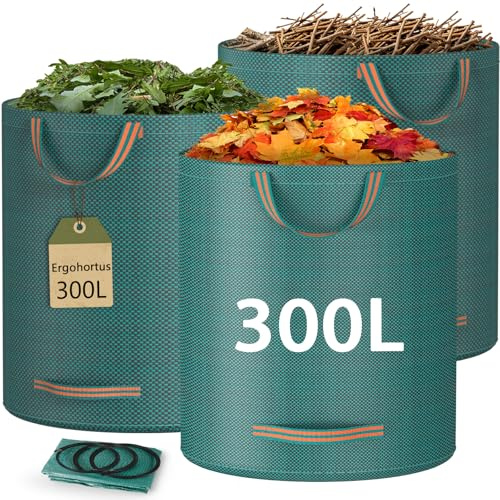 Ergohortus Gartenabfallsack, 300L x 3 Wasserdichte Gartensack mit Griffen | Faltbare Laubsack für Laub, Abfall, Grünschnitt, Wiederverwendbare Gartenabfallsack Stabil mit Stützringen