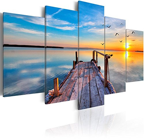 B&D XXL Acrylglasbild Landschaft Natur 200x100 cm 5 Teilig Wandbild auf Acryl Glasbilder Kunstdruck Moderne Acrylglas Platte Wanddekoration Geschenke Heimdekoration Glasbild Brücke See Himmel
