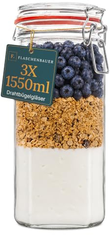 Flaschenbauer - 3-teiliges Set Drahtbügel-Vorratsgläser 1550ml, geeignet als Einmach- und Fermentierglas, zur Aufbewahrung, zum Befüllen, leere Gläser mit Drahtbügel - Made in Germany