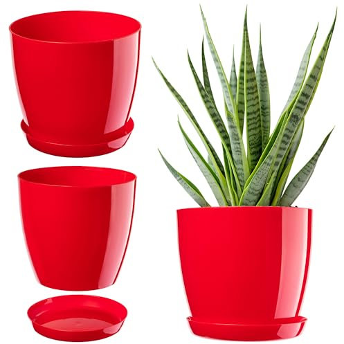 KADAX Élégant Pot à Fleurs/Plantes avec Soucoupe Forme Ronde et élégante en Plastique léger pour l’intérieur et la Maison Cache-Pot pour Fleurs, Plantes Ø 23 cm Rouge