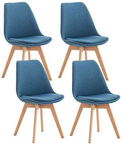 CLP 4er Set Esszimmerstuhl Linares Kunststoff I Stoff I Samt I Cord I Lederoptik I Lehnstuhl Mit Holzgestell, Farbe:blau, Material:Stoff