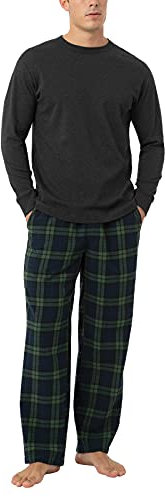 LAPASA Herren Pyjama-Set Relaxed Fit Schlafanzugset, Flanell Hose & Baumwolle Top M79, Dunkelgrau + Grün&blaues Karomuster, S