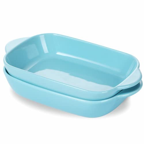LEETOYI Plato pequeño de cerámica para hornear, 2 piezas rectangulares de porcelana, con doble mango, cacerolas y sartenes para hornear para cocinar y cena de pasteles de 7.5 x 5 pulgadas (turquesa)