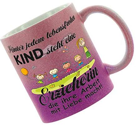 Crealuxe Farbverlauf-Glitzertasse (pink-purple) Hinter jedem lebensfrohen Kind steht eine Erzieherin - Glitzertasse mit Farbverlauf - Kaffeetasse