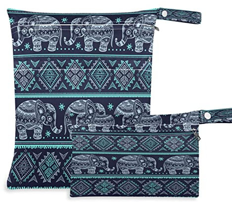 Wiederverwendbare Stoffwindeln mit 2 Reißverschlusstaschen, Motiv: indischer Elefant, ethnischer Elefant, wasserdicht, Reisetasche, Strand, Pool, Turnbeutel für nasse Badeanzüge, Toilettenartikel,