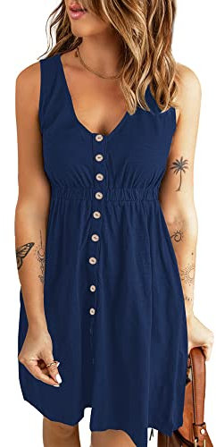 AUSELILY Sommerkleid Damen Casual Button Down Mini Kleid Cute V Neck Strandkleid mit Taschen Marineblau 2XL
