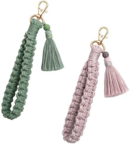 CHUQING Boho Makramee Schlüsselanhänger Handgefertigt Schlüsselbund Armband Schlüsselband Frau Baumwoll Handgelenk Lanyard,2 Stück