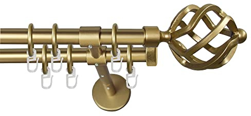 Garesa Gardinenstange Rustika Ø 16mm, 2-läufig, Gold, matt I Rustikale Vorhangstange aus Metall inkl. Ringe + Faltenlegehaken I Mit Endknopf Korb I 120cm