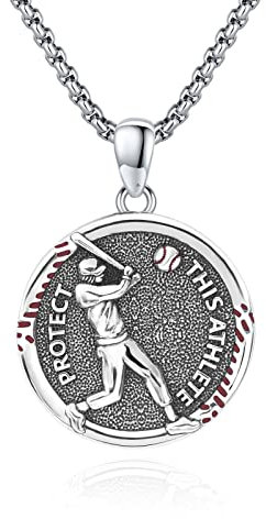 ZIPPICE Baseball Halskette 925 Sterling Silber Vintage Anhänger Kreis Medaille Halskette Glaube und Hobbies Geschenk für Jungen Männer mit Rolo Kette