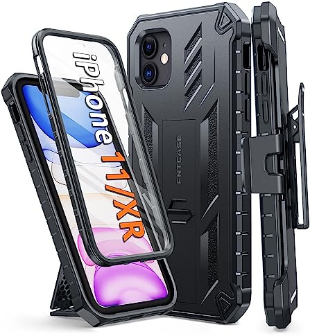 FNTCASE for iPhone 11 Phone Case: for iPhone XR Case with Kickstand & Holster Shockproof Military Grade Protective Cover - Dual Layer Full Protection Sturdy Matte Textured Drop Proof - 6.1 Inch Black