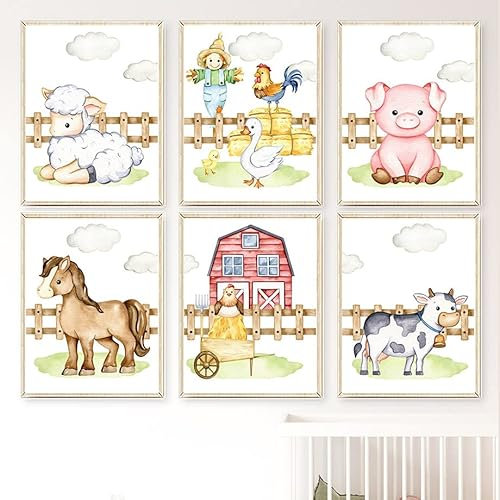 Set Mit 6 Rindern Pferden Schafen Schweinen Bauernhof Niedliche Vogelscheuche Boho-Kinderzimmer Poster und Drucke Leinwandgemälde Nordische Baby-Wandkunst Bilder Dekor-30*50Cm/12*20 Zoll (Ohne Rahmen)