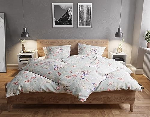 Bettwaesche-mit-Stil Mako Satin Bettwäsche Watercolor Flowers Mint (Garnitur 240x220 + 2X 80x80)