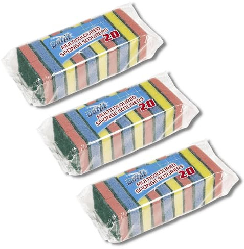 Sponge Scourers Multipack - Washing Up Sponge for Kitchen and Bathroom 20pack x 3 (Total 60 Scourers) by Great British Home - Kitchen Dishwashing Sponge in Bulk
