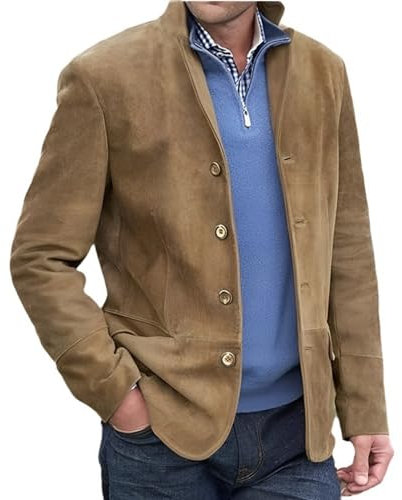 HESYSUAN Blazer décontracté à col montant pour homme avec poche à revers et manches longues en daim décontracté slim bouton costume d'affaires blazer veste, marron, L