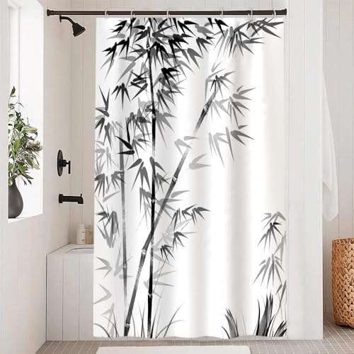Ruelvth Rideau de douche en bambou, rideau de douche esthétique en bambou pour salle de bain en tissu imperméable noir et blanc avec crochets, 137 x 183 cm