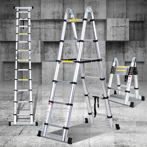 Eulenke teleskopleiter klappleiter 1,9M+1,9M aluleiter 6+6 Stufen Stehleiter Klappleiter, 150 kg Belastbarkeit, Teleskop Ausziehleiter Haushaltsleiter, teleskopleitern Silber