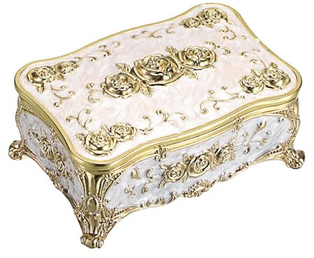 TOLIDA Vintage Schmuckkästen Luxus-Schmuckschatulle Rechteckige Schmuckdose aus Metall Aufbewahrungsbox für Ohrringe Halsketten Ring als Hochzeit Geschenk Deko für Mädchen Damen (Beige)