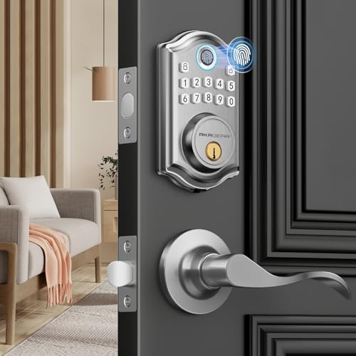AkaGear - Cerradura de puerta de entrada sin llave con asa - 2 manijas de palanca, cerradura de puerta de huellas dactilares, cerradura de puerta con teclado electrónico, 2 llaves, cerradura