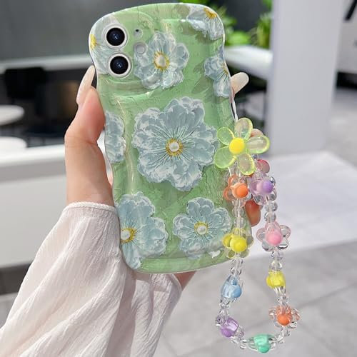for iPhone 12 Mini Curly Wavy Case, Cute Colorful Retro Oil Painting Flower Glossy Pattern [with Bead Chain], Slim Fit Shockproof Protective Cover for Girls Women, Green