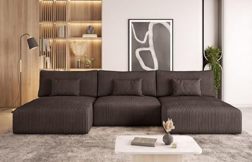 Easy4You Braun Ecksofa Modulo Kord in U-Form 315 x 80 x 152 cm mit Schlaffunktion und Bettzeugbehälter - Schlafsofa mit Bettkasten - Eckcouch mit Stauraum - Stoff: POSO 06