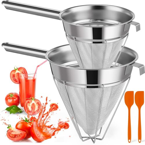 Nuogo 2 Set Stainless Steel Chinois Strainer Fine Mesh Metal Food Bouillon Sieve Strainer Cone Fine Mesh Strainer with Handle and Silicone Spatula for Sauce Jam Jelly Tea(10 Inch+8 Inch)