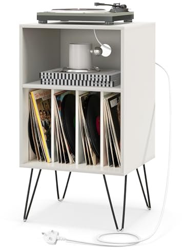 COSTWAY Record Player Stand with Charging Station, Turntable Stand End Sofa Side Table with 5 Shelves & Cable Hole, Albums Vinyl Record Storage Cabinet Holder for Living Room Bedroom (White)