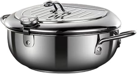 Pentola per friggere in acciaio inossidabile, friggitrice per olio in acciaio inossidabile,Fornello a induzione domestico con termometri - Pentola per zuppa profonda, scolapiatti rimovibile per cucina
