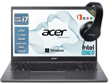 acer notebook i7, Pc portatile intel core 1255U, 32gb ram, SSD 1 TB, Display 15.6, FHD, BT, WiFi, Windows 11 Pro, Laptop i7 pronto all'utilizzo, Cuffie omaggio