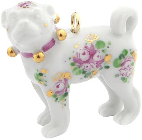 MEISSEN Porzellan Schmuckanhänger Mops mit Blumen-Motiv 3,4 x 3,5 cm Anhänger Hund