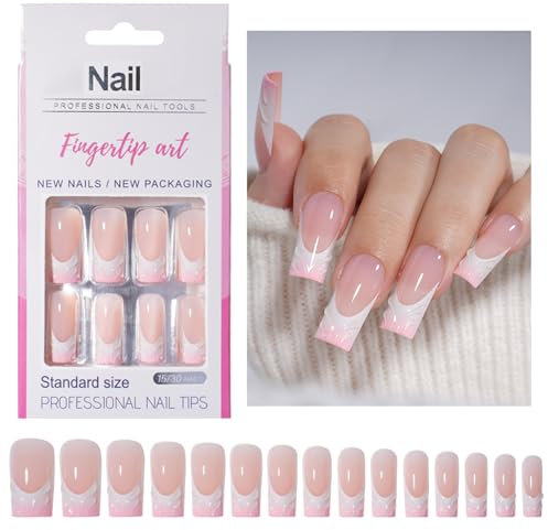 30 Stück Französisch Falsche Nägel - Künstliche Fingernägel Zum Aufkleben - Soft Gel Press on Nails für Frauen - Acryl Klebe Nägel Quadrat Nail Art Manicure (French Rosa)