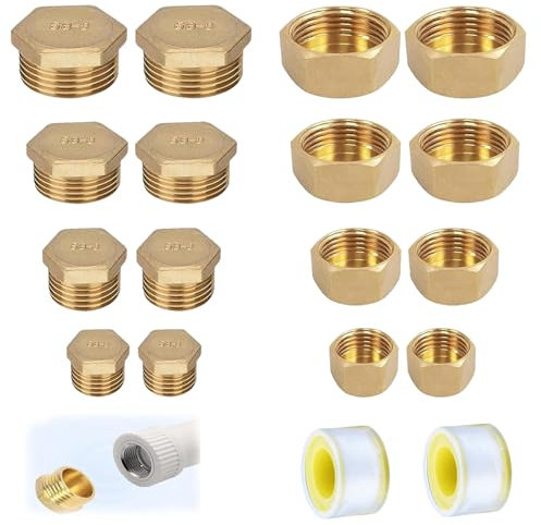 Jiavlyx 16 Piezas Tapón Hexagonal De Latón, Tapones De Latón, 2 × 1/8-1/4-3/8-1/2 Tapon Tuberia Agua, Tapones De Manguera,Tapas De Manguera Hexagonales,Para Conexión De Tubería,Lavadora,Grifo